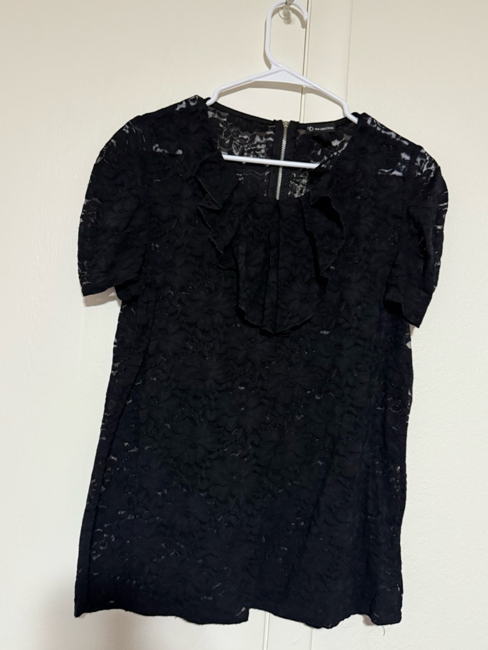 new directions Black Lace Ruffle Short Sleeve Blouse